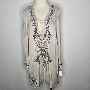 Odd Molly Greige Embroidered Tunic Dress Long‎ Sleeve Lace Up Tassel Boho NWT Sm